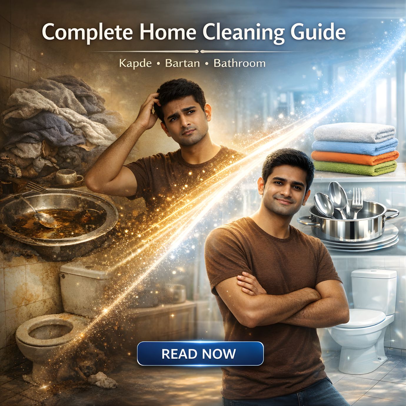Complete home cleaning guide for Indian homes with before and after transformation of clothes, utensils, and bathroom in a modern premium household